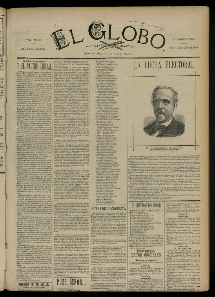 Miniatura de El Globo : diario ilustrado del 14 de abril de 1896, nº 7455