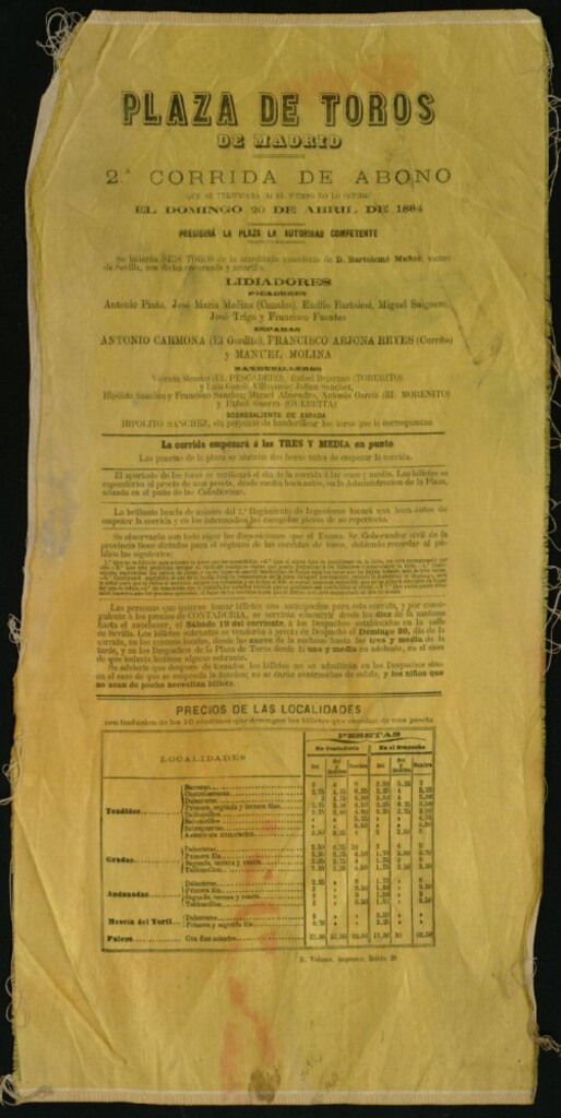 Miniatura de Corrida de toros celebrada el día 20 de abril de 1884