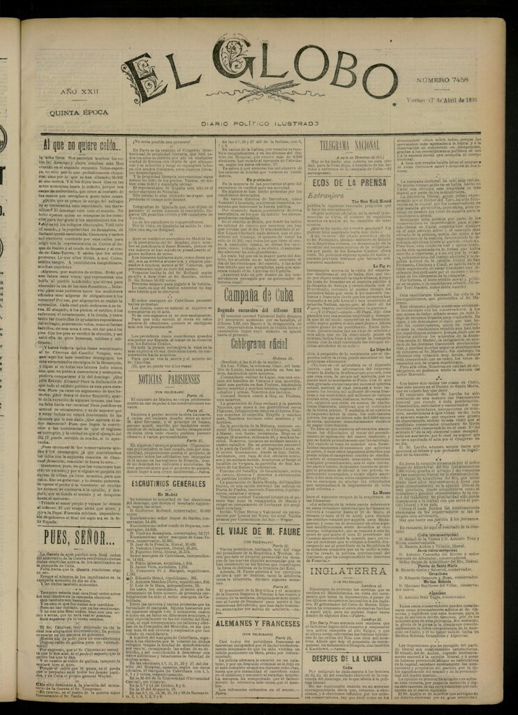 Miniatura de El Globo : diario ilustrado del 17 de abril de 1896, nº 7458