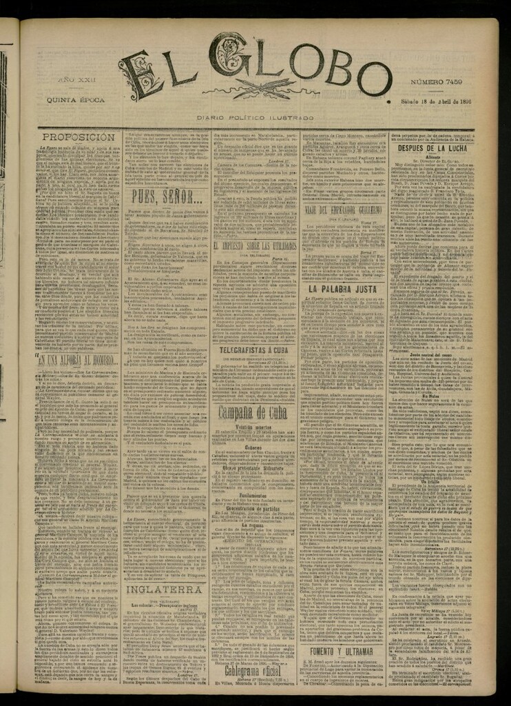 Miniatura de El Globo : diario ilustrado del 18 de abril de 1896, nº 7459