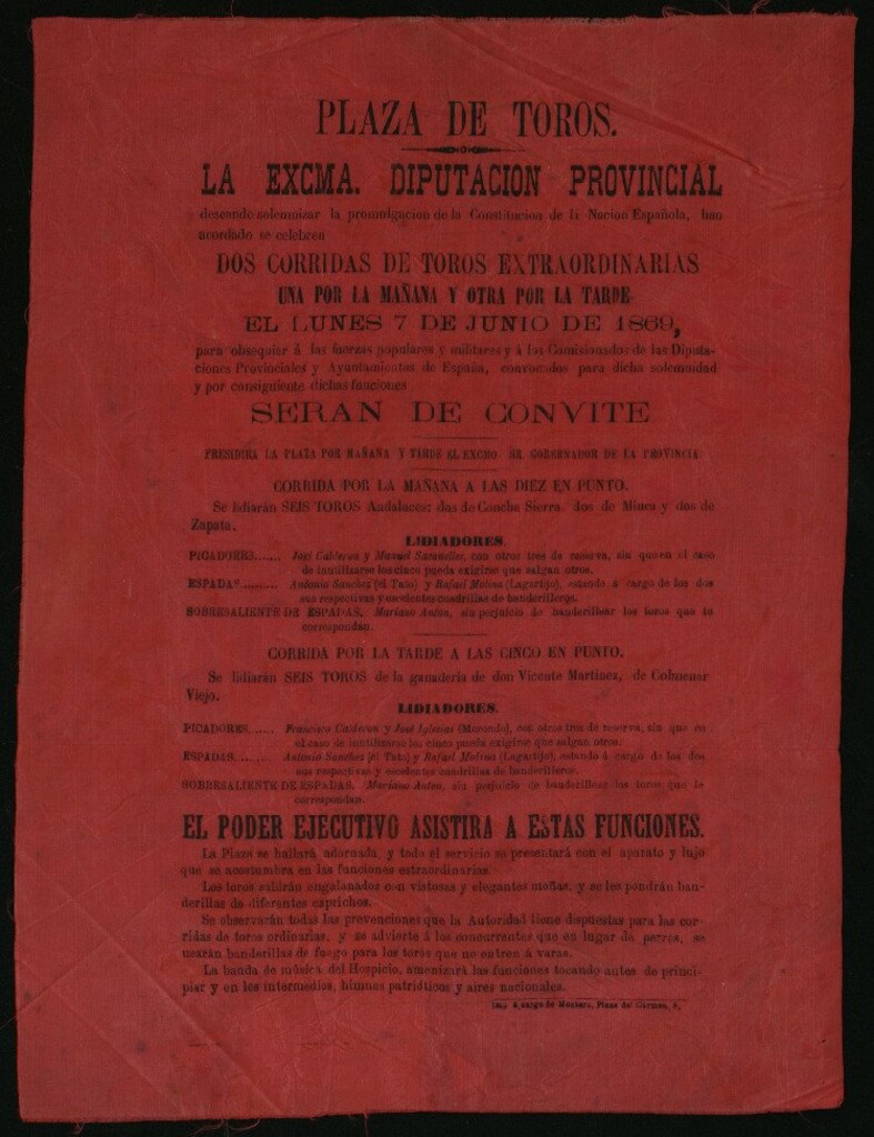 Miniatura de Corridas de toros celebradas el día 7 de junio de 1869, una por la mañana y otra por la tarde