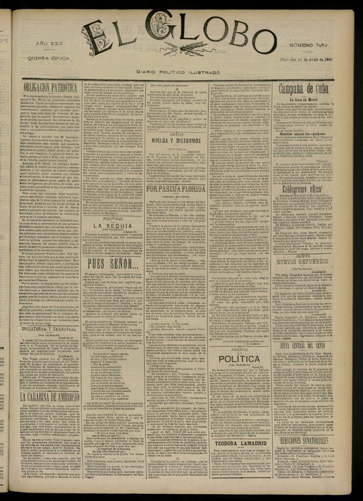 Miniatura de El Globo : diario ilustrado del 22 de abril de 1896, nº 7463
