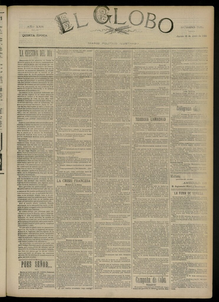 Miniatura de El Globo : diario ilustrado del 23 de abril de 1896, nº 7464