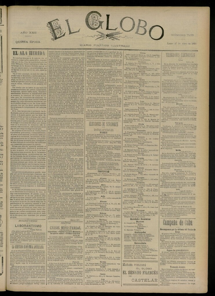 Miniatura de El Globo : diario ilustrado del 27 de abril de 1896, nº 7468