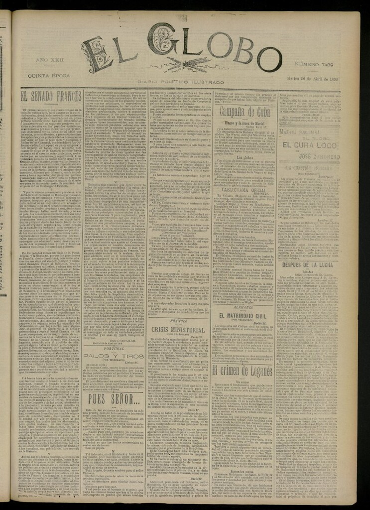 Miniatura de El Globo : diario ilustrado del 28 de abril de 1896, nº 7469