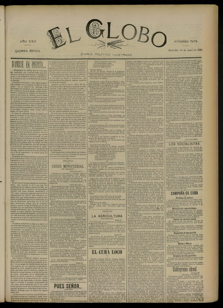 Miniatura de El Globo : diario ilustrado del 29 de abril de 1896, nº 7470