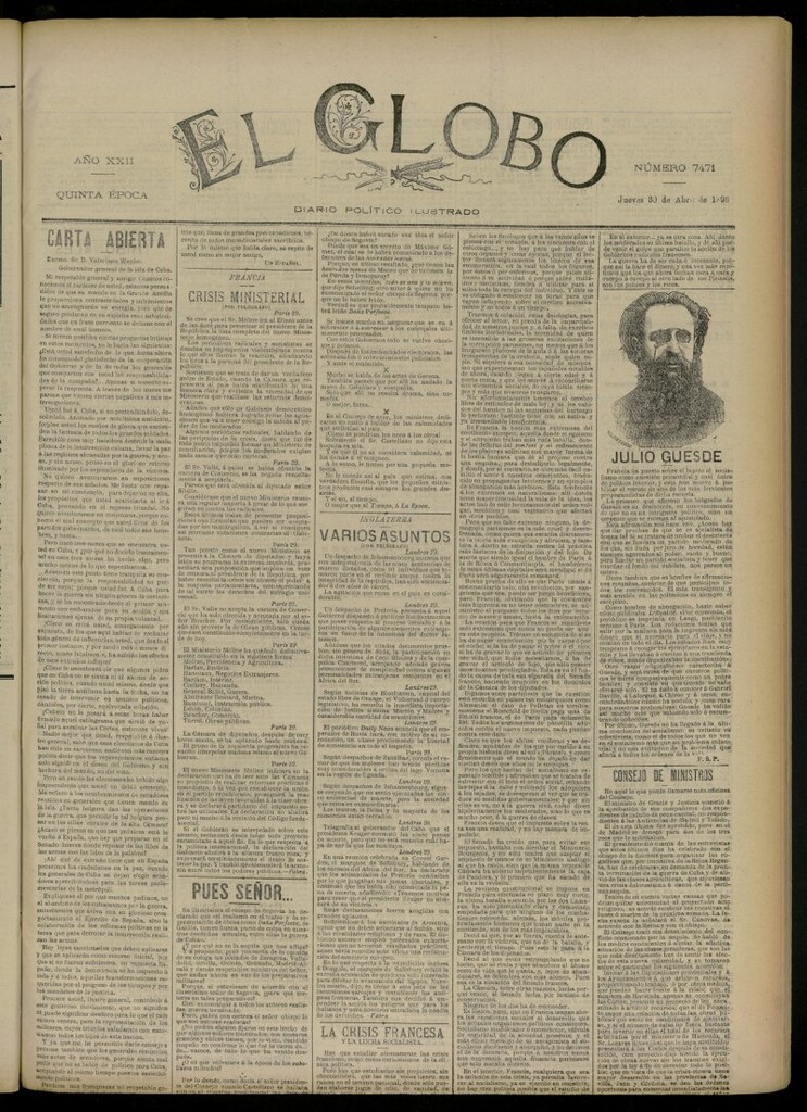 Miniatura de El Globo : diario ilustrado del 30 de abril de 1896, nº 7471