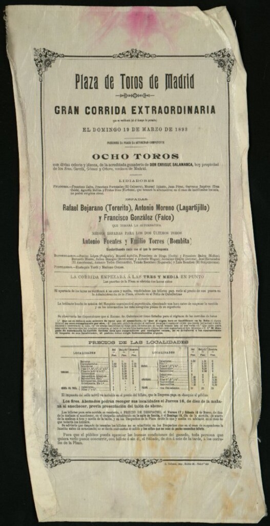 Miniatura de Corrida de toros celebrada el día 19 de marzo de 1893