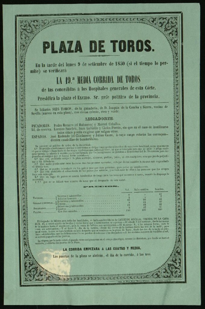 Miniatura de Corrida de toros celebrada el día 9 de septiembre de 1850