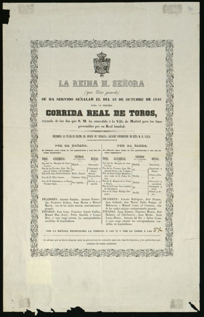 Miniatura de 3ª corrida Real de toros, celebrada el día 18 de octubre de 1846, con motivo del enlace de Isabel II