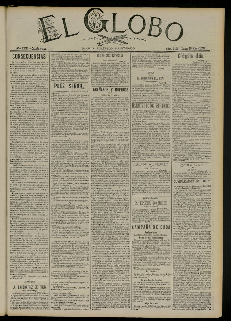 Miniatura de El Globo : diario ilustrado del 18 de mayo de 1896, nº 7488