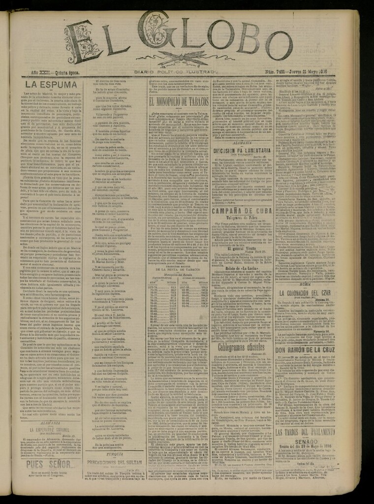 Miniatura de El Globo : diario ilustrado del 21 de mayo de 1896, nº 7491