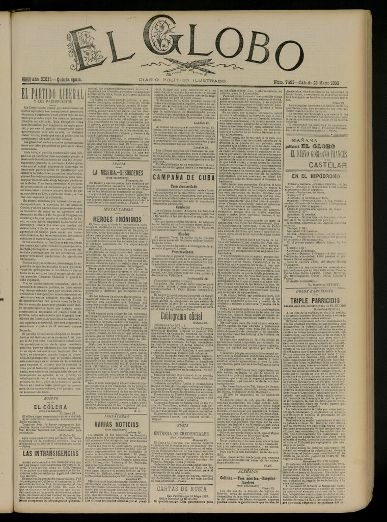 Miniatura de El Globo : diario ilustrado del 23 de mayo de 1896, nº 7493
