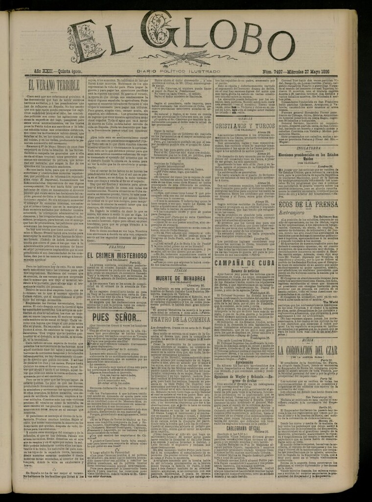 Miniatura de El Globo : diario ilustrado del 27 de mayo de 1896, nº 7497