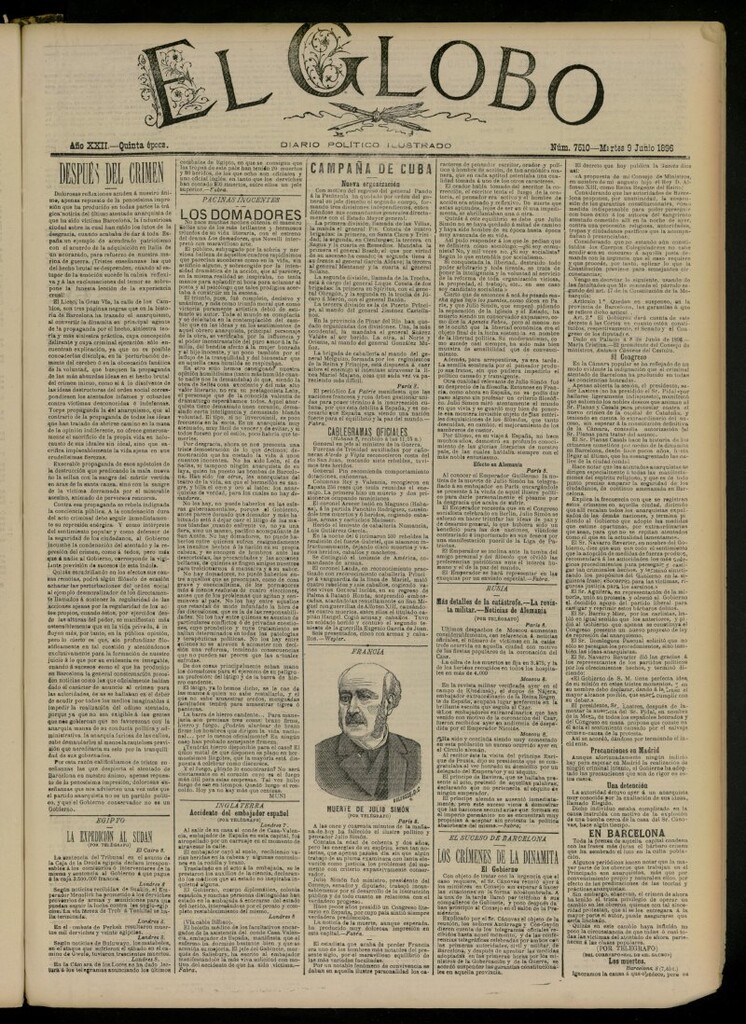 Miniatura de El Globo : diario ilustrado del 9 de junio de 1896, nº 7510