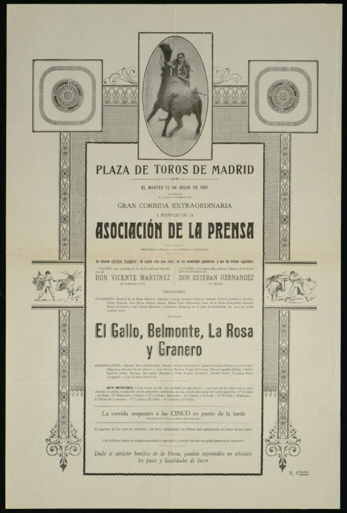 Miniatura de Plaza de Toros de Madrid. Corrida extraordinaria, 12 de julio de 1921