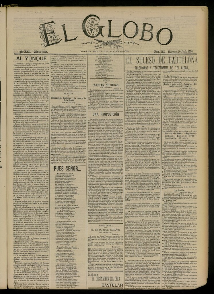 Miniatura de El Globo : diario ilustrado del 10 de junio de 1896, nº 7511