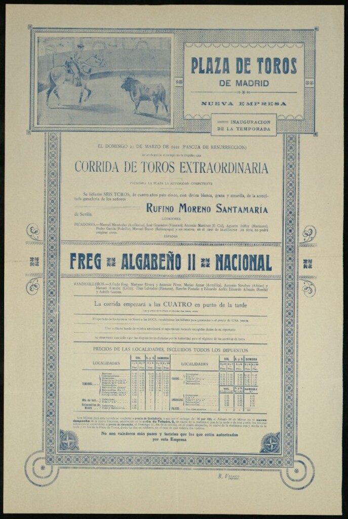 Miniatura de Plaza de Toros de Madrid. Corrida extraordinaria, domingo 27 de marzo de 1921
