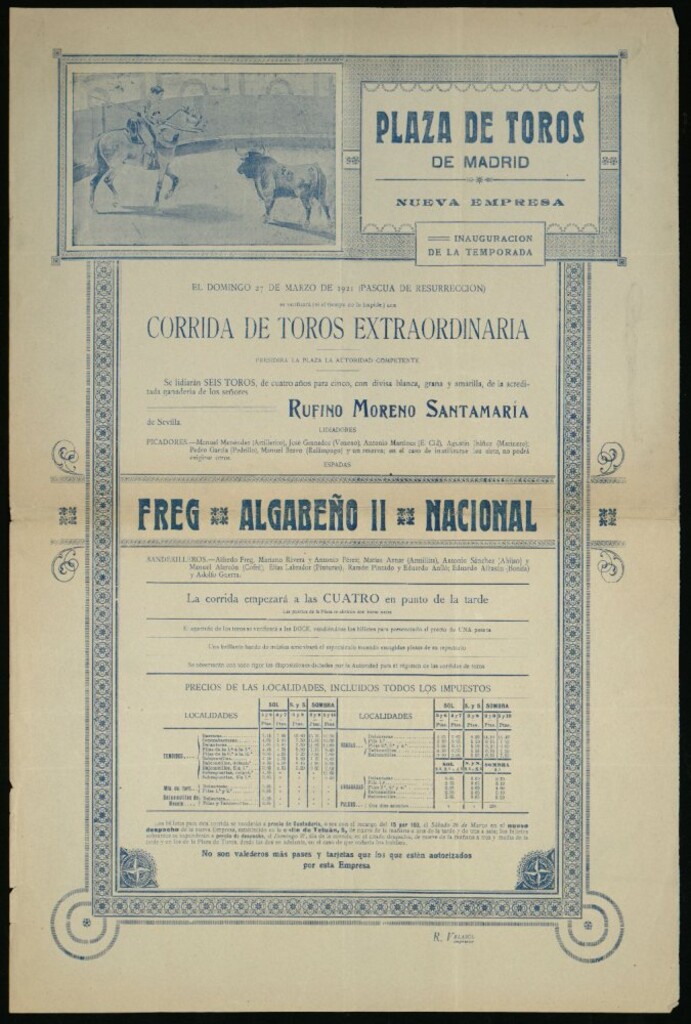 Miniatura de Plaza de Toros de Madrid. Corrida extraordinaria, domingo 27 de marzo de 1921