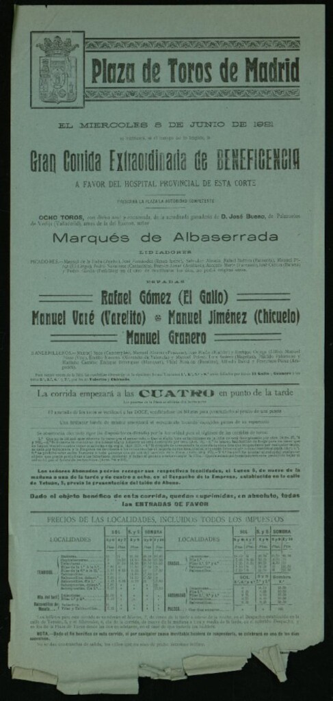 Miniatura de Plaza de Toros de Madrid. Corrida extraordinaria de Beneficencia, miércoles 8 de junio de 1921