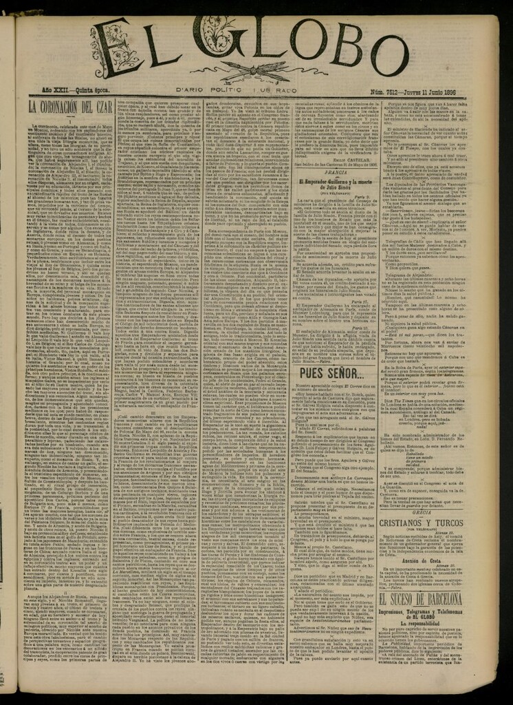 Miniatura de El Globo : diario ilustrado del 11 de junio de 1896, nº 7512