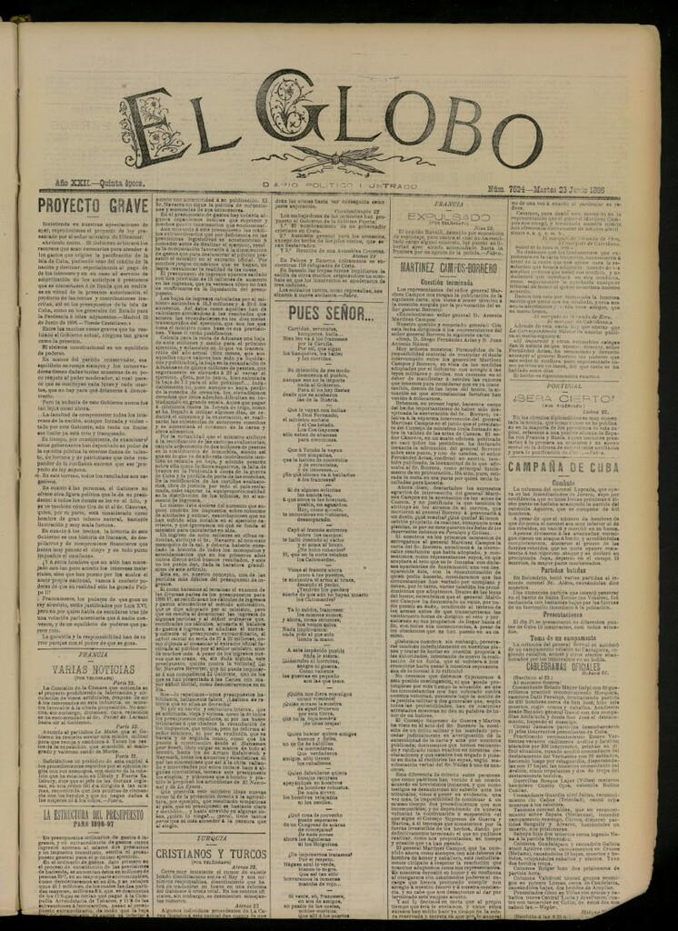 Miniatura de El Globo : diario ilustrado del 23 de junio de 1896, nº 7524