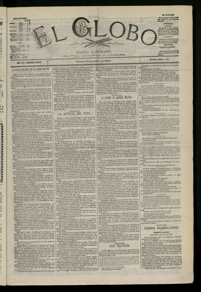 Miniatura de El Globo : diario ilustrado del 5 de julio de 1889, nº 4991