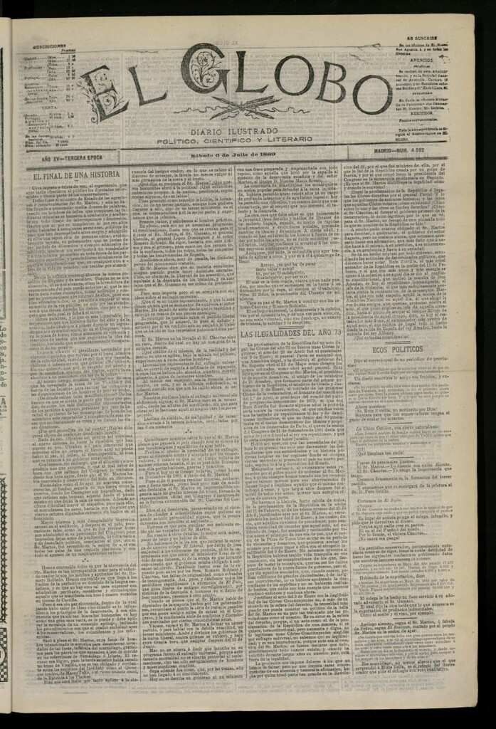 Miniatura de El Globo : diario ilustrado del 6 de julio de 1889, nº 4992
