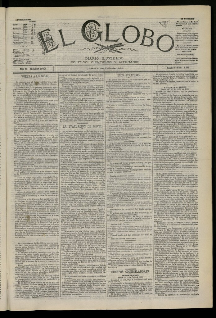 Miniatura de El Globo : diario ilustrado del 11 de julio de 1889, nº 4997