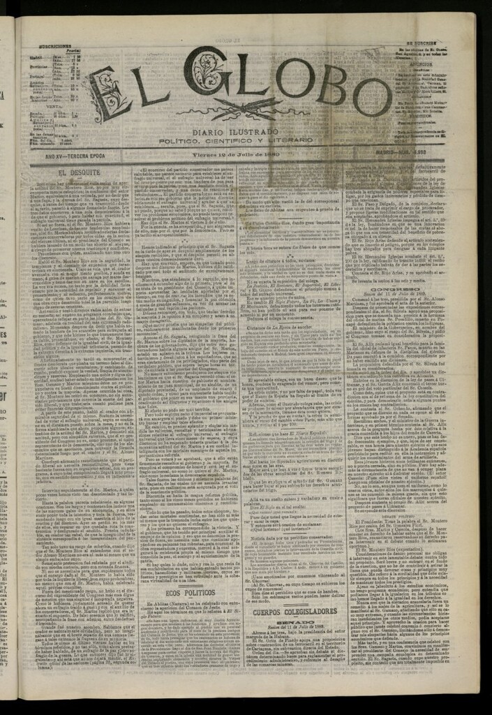Miniatura de El Globo : diario ilustrado del 12 de julio de 1889, nº 4998