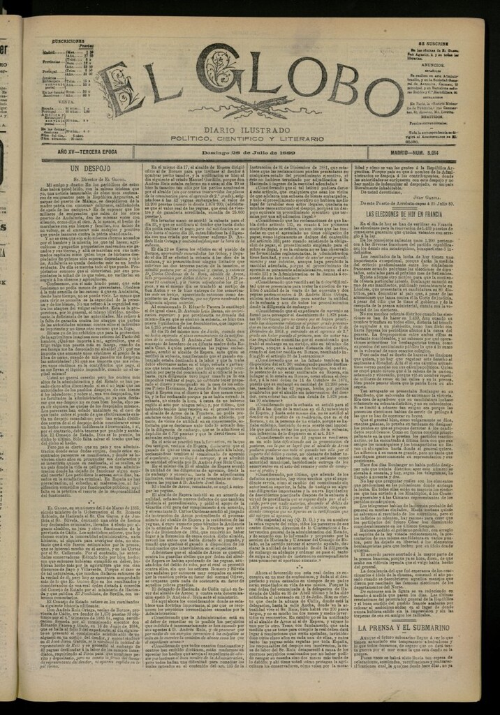 Miniatura de El Globo : diario ilustrado del 28 de julio de 1889, nº 5014