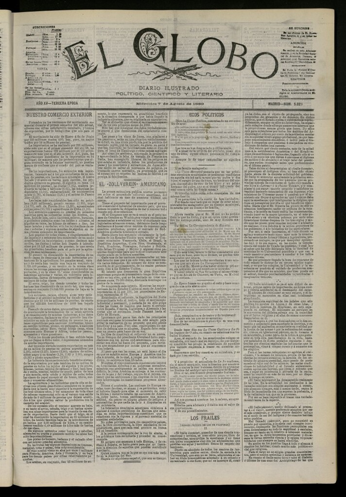 Miniatura de El Globo : diario ilustrado del 7 de agosto de 1889, nº 5024