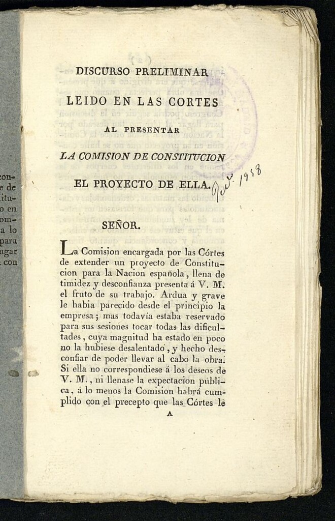 Miniatura de Discurso preliminar leido en las Cortes al presentar la Comisión de Constitución el proyecto de ella