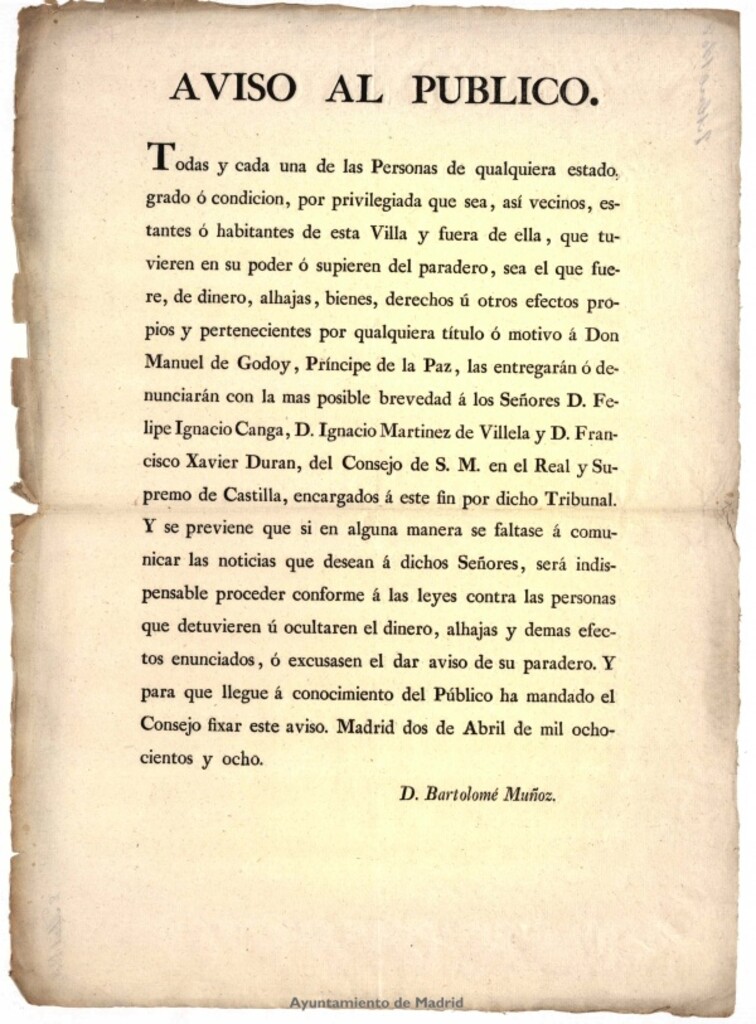 Miniatura de Aviso al público : [conminando a las personas que tengan dinero, alhajas, bienes, derechos o efectos pertenecientes a Manuel Godoy a que las entreguen a los miembros del Consejo de Castilla que se relacionan].