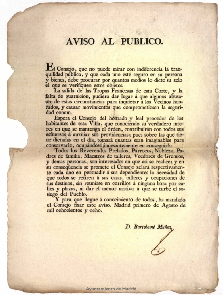 Miniatura de Aviso al público : [del Consejo de Castilla, ante la inminente salida de las tropas francesas de Madrid, dictando medidas que limitan la libertad de reunión].