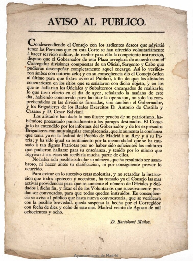 Miniatura de Aviso al público : [del Consejo de Castilla, suspendiendo el reclutamiento de voluntarios hecho por el Corregidor de Madrid con fecha 18 de agosto de 1808]