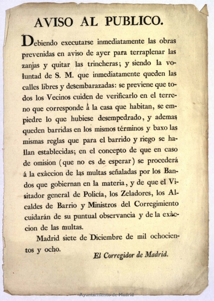Miniatura de Aviso al público : [del corregidor de Madrid encargando a los vecinos de Madrid que dejen las calles limpias y desembarazadas en el terreno que corresponde a las casas que habitan].