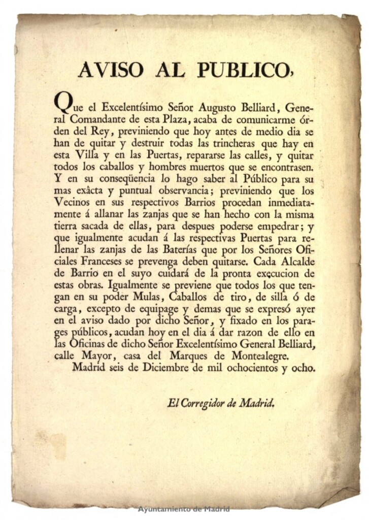 Miniatura de Aviso al público : [del corregidor de Madrid para que se eliminen las trincheras y se allanen las zanjas, reparándose las calles].