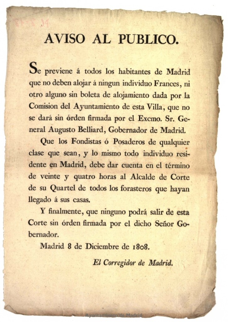 Miniatura de Aviso al público : [del corregidor de Madrid previniendo a los vecinos de que no deben alojar a ningún individuo francés sin boleta de alojamiento dada por la Comisión del Ayuntamiento de la villa].