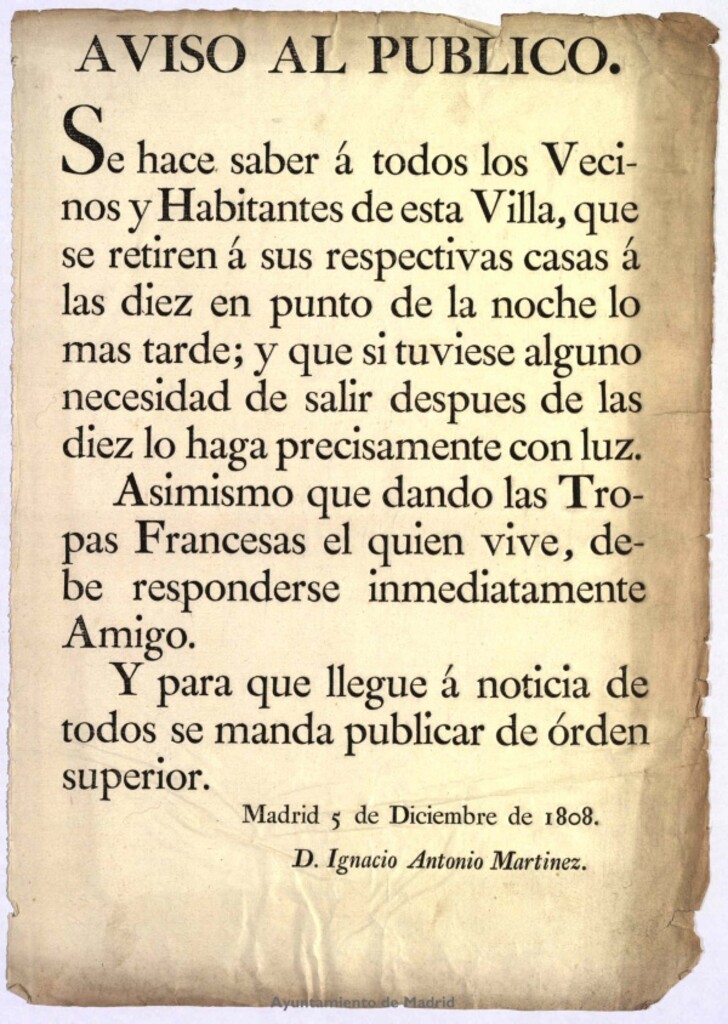 Miniatura de Aviso al público : [intimando a los vecinos de Madrid a que se retiren a sus casas a las diez de la noche y, si tienen que salir, lo hagan con luz].