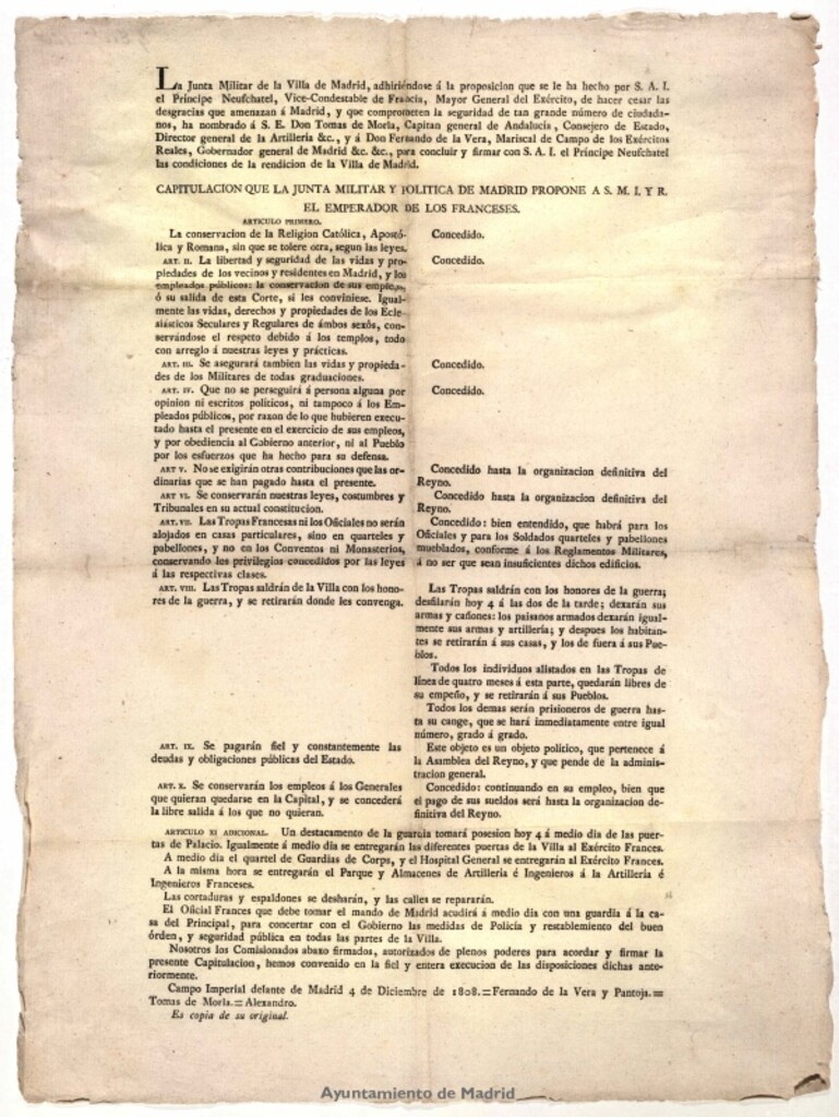 Miniatura de Edicto de los comisionados designados por la Junta Militar de Madrid publicando las condiciones acordadas con el Príncipe de Neuchatel para la capitulación de la villa. 4 de diciembre de 1808.