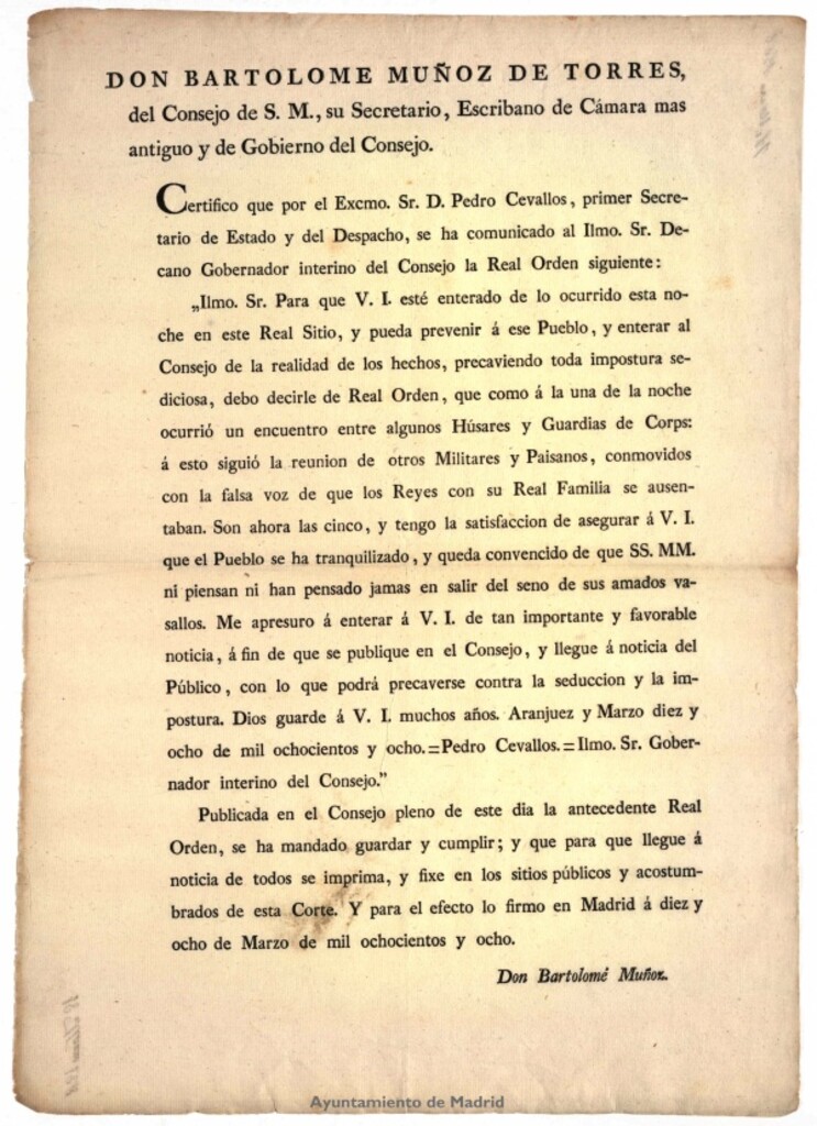 Miniatura de Edicto de publicación de la Real Orden de Carlos IV, de 18 de marzo de 1808, dando cuenta del Motín de Aranjuez.