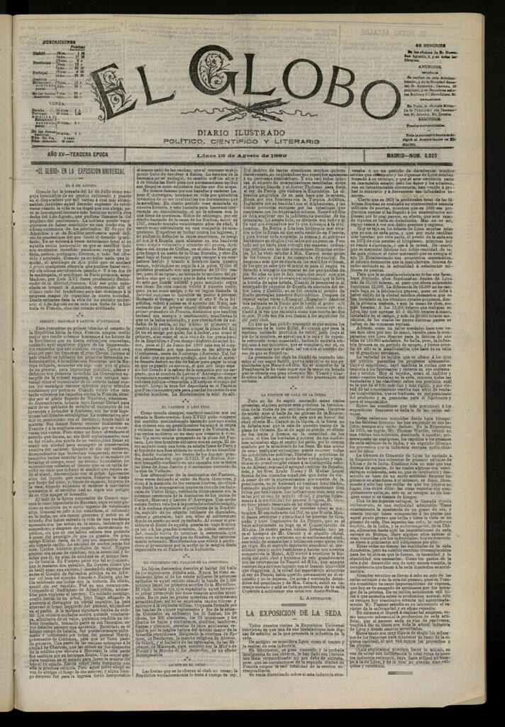 Miniatura de El Globo : diario ilustrado del 12 de agosto de 1889, nº 5029