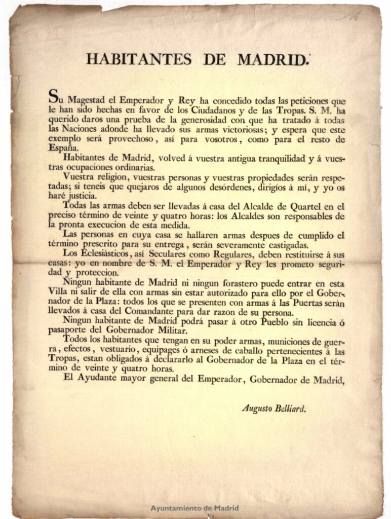 Miniatura de Habitantes de Madrid... : [Bando del general gobernador de Madrid, Auguste Belliard, pidiendo tranquilidad a los habitantes de Madrid, y regulando el control de armas dentro de la villa (1808)