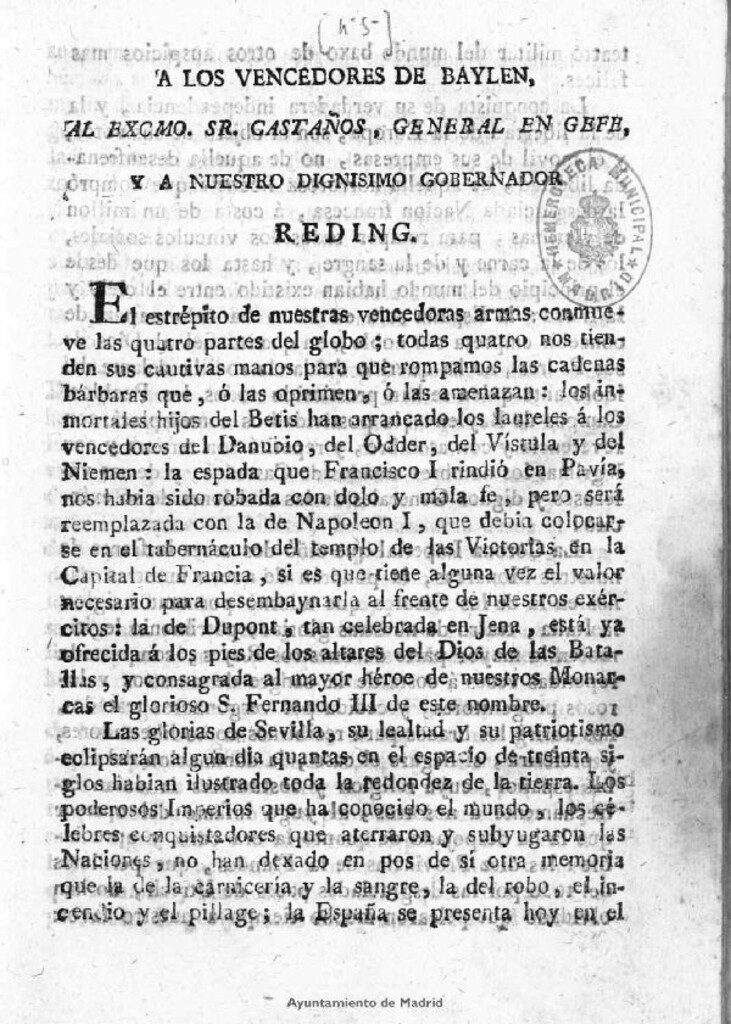 Miniatura de A los vencedores de Baylen, al Excmo. Sr. Castaños, General en Gefe, y a nuestro dignísimo Gobernador Reding