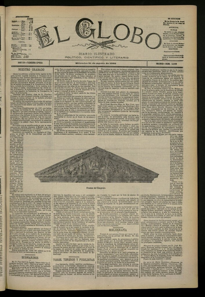 Miniatura de El Globo : diario ilustrado del 21 de agosto de 1889, nº 5038