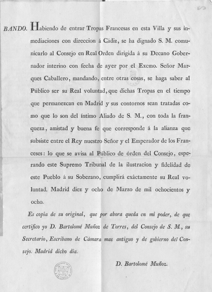 Miniatura de Bando. Habiendo de entrar Tropas Francesas en esta Villa y sus inmediaciones con dirección a Cádiz [...]