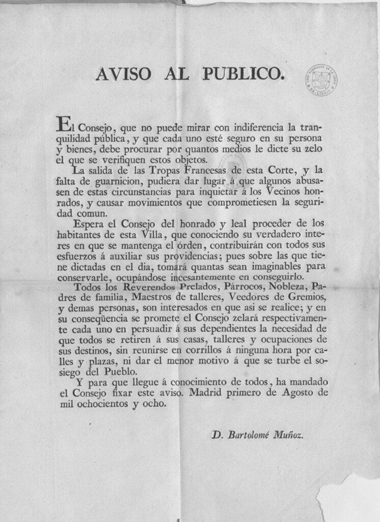 Miniatura de Aviso al público: [en que se invita a la población a mantener el Orden Público ante la salida de las tropas francesas.]