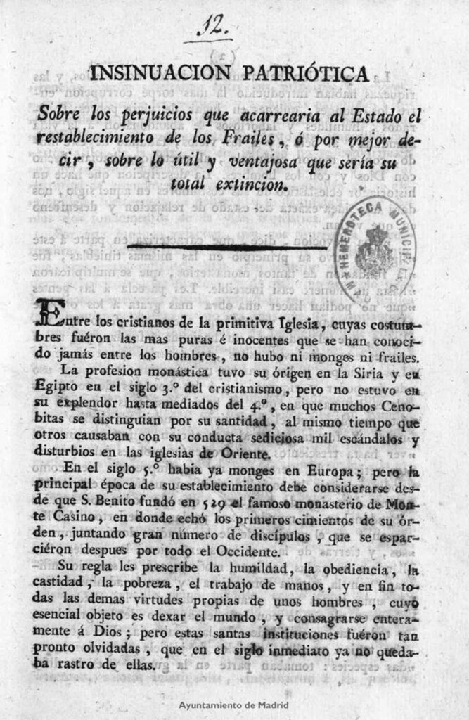 Miniatura de Insinuación patriótica : sobre los perjuicios que acarrearia al Estado el restablecimiento de los Frailes, ó por mejor decir, sobre lo útil y ventajosa que sería su total extinción. / [M.M]
