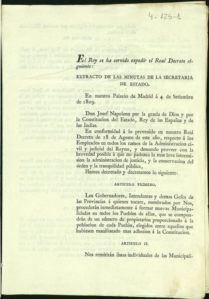 Miniatura de Extracto de las Minutas de la secretaría del Estado a 4 de septiembre de 1809